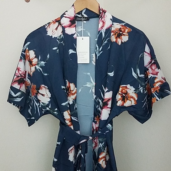 Navy Blue Floral Tie Waist Dress - Picture 2 of 5